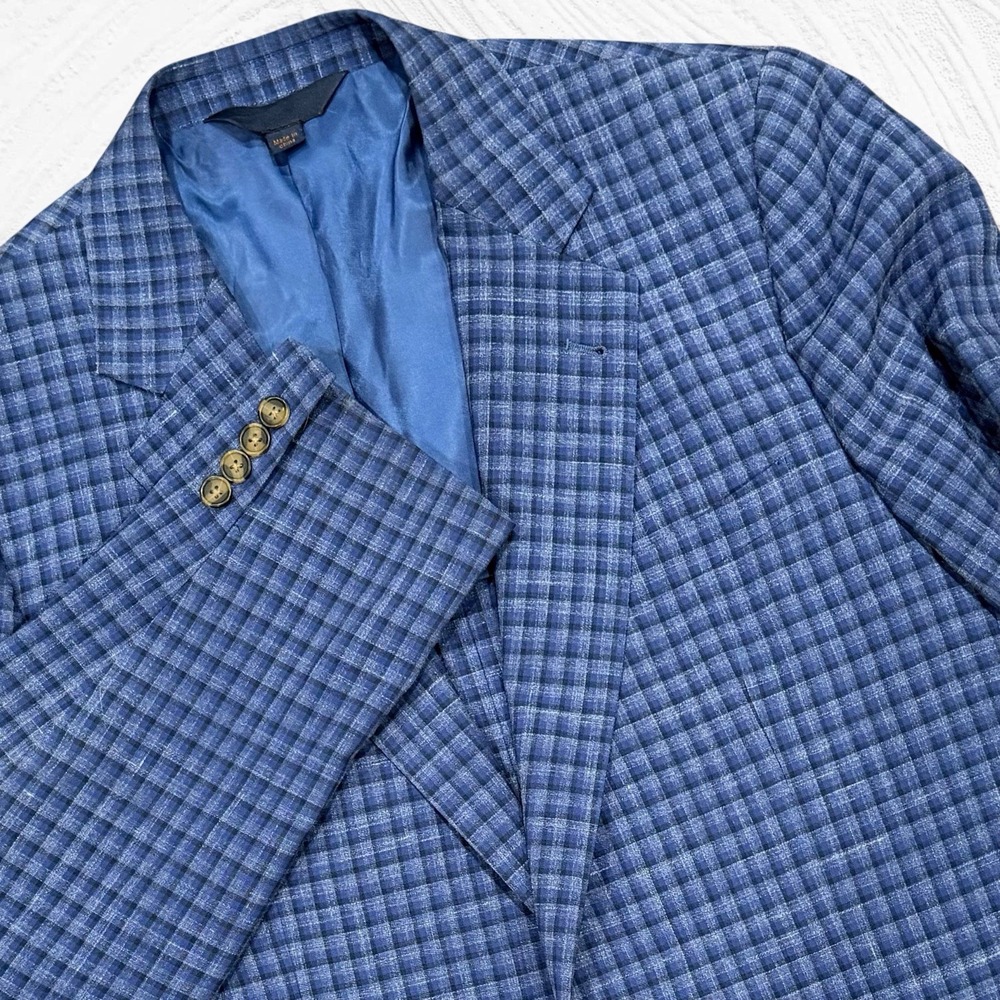 Max Davoli Baroni 44L Blue Check Blazer Vitale Barberis Wool Silk Linen Soft
